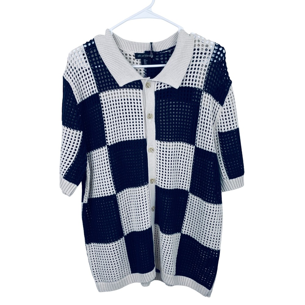 Art of Rhetoric Mens Large Navy Blue Cream Checkered Crochet Knit Polo